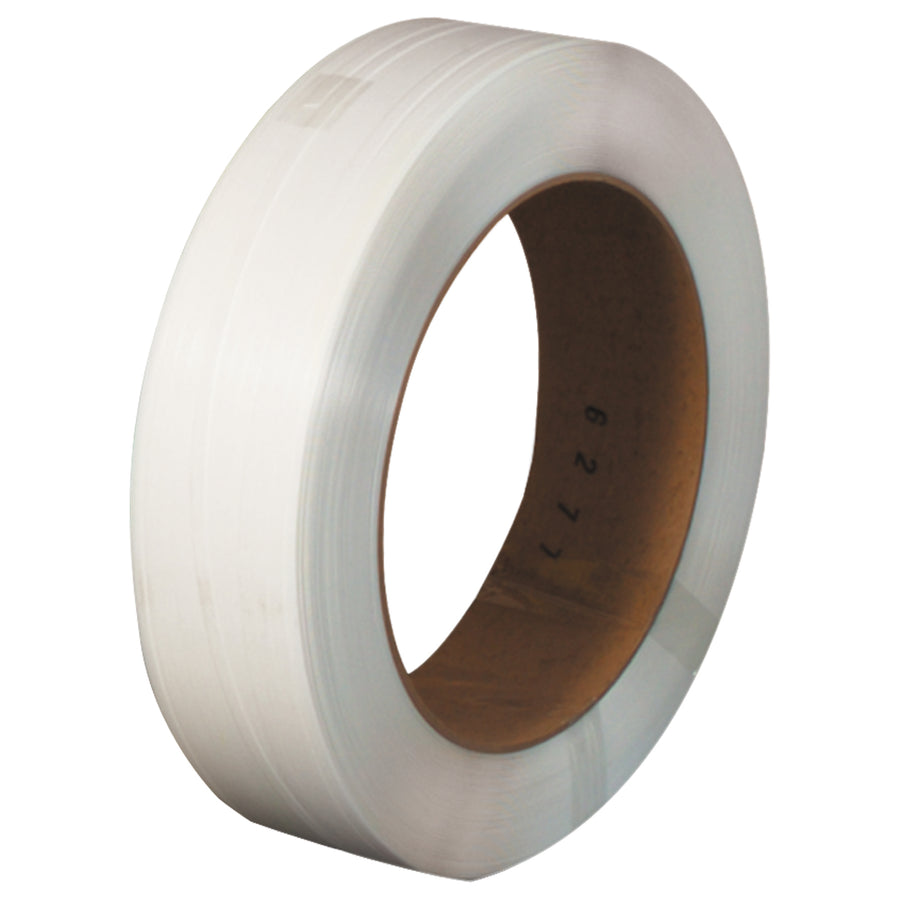 Lightweight, durable white polypropylene strapping (1/2" x 9000') designed for industrial packaging and bundling. This embossed hand grade poly strapping delivers 50% weight savings versus steel, with no sharp edges for safe handling and split-resistant performance to prevent package tampering.