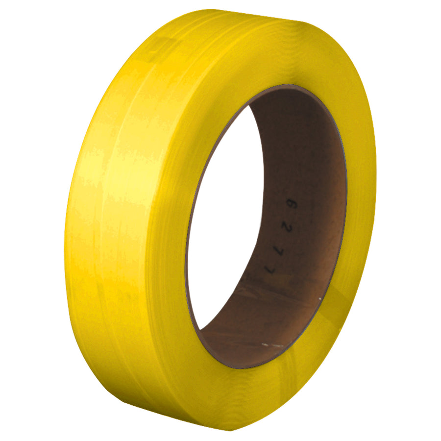 Industrial-grade yellow polypropylene hand strapping offers economical, reliable bundling for manufacturing and shipping operations. This 7200' coil features embossed .022 gauge poly construction–half the weight of steel with superior flexibility and safety. Weather-resistant, split-resistant design prevents pilferage and damage during transit.