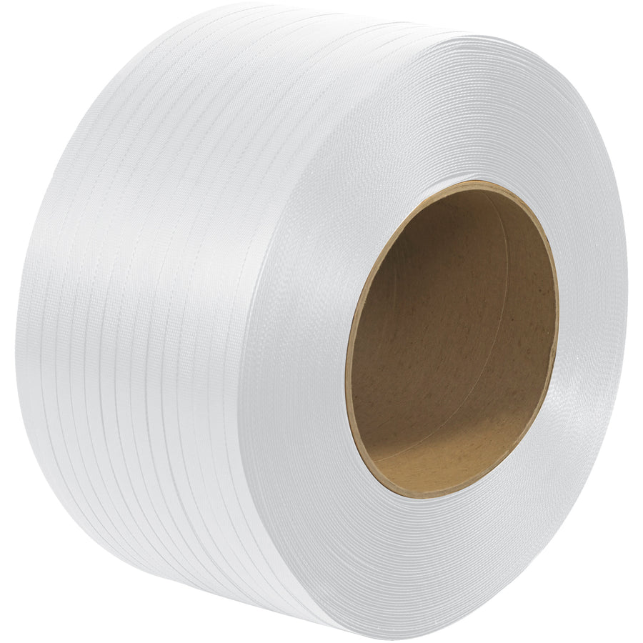 Industrial-strength embossed polypropylene strapping delivers reliable holding power for tabletop and semi-automatic strapping machines. This 1/2" x 9900' machine grade coil features reduced splitting and superior heat seal joint efficiency. Packaged in parcel service carton for easy handling and storage.