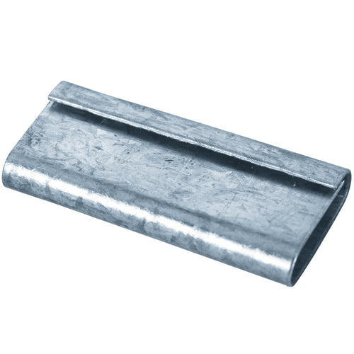 Galvanized steel strapping seals engineered for superior poly strapping security. The smooth inner surface grips polypropylene strapping efficiently, reducing re-sealing and product loss. Sold by the case of 1,000 units for high-volume packaging operations.