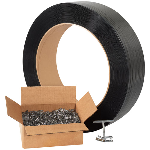 All-in-one poly strapping kit with 9000' of .021 gauge polypropylene strapping, integrated tensioner/cutter, and 1000 wire buckles. Achieves 400 lb break strength for secure bundling and pallet wrapping. Portable, self-contained design means faster application times and no additional tool purchases required.