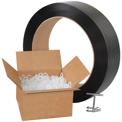 All-in-one poly strapping kit delivers 9,000 feet of .021 gauge polypropylene strapping with integrated tensioner/cutter and 1,000 buckles. 400 lb. break strength meets postal approval standards. Portable, self-contained design powers fast, reliable strapping anywhere in your warehouse.
