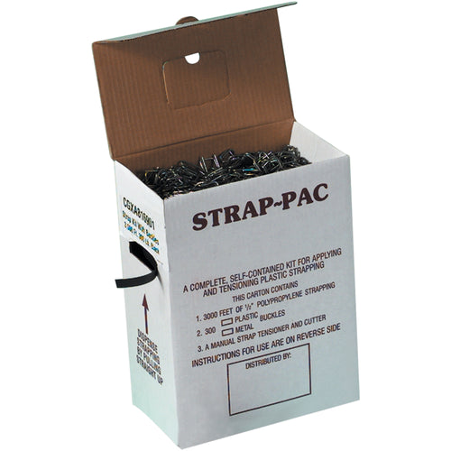 Self-contained poly strapping kit delivers everything needed for fast, reliable pallet and bundle securing. Includes 3000 feet of .017 gauge polypropylene strapping, tensioner/cutter tool, and 300 buckles‚ready to use anywhere in your warehouse. 400 lb break strength withstands heavy-duty shipping and storage demands.