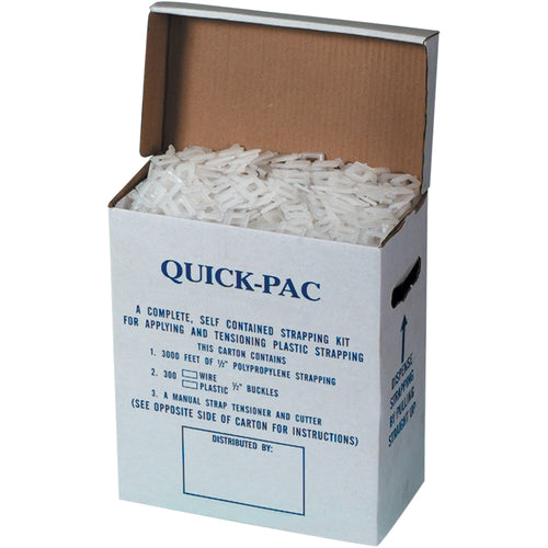 Complete poly strapping kit designed for fast, portable warehouse applications. Includes 3000' of .017 gauge polypropylene strapping with 400 lb break strength, integrated tensioner/cutter tool, and 300 plastic buckles‚everything needed for immediate use. Postal-approved for shipping compliance and cost-effective packaging.