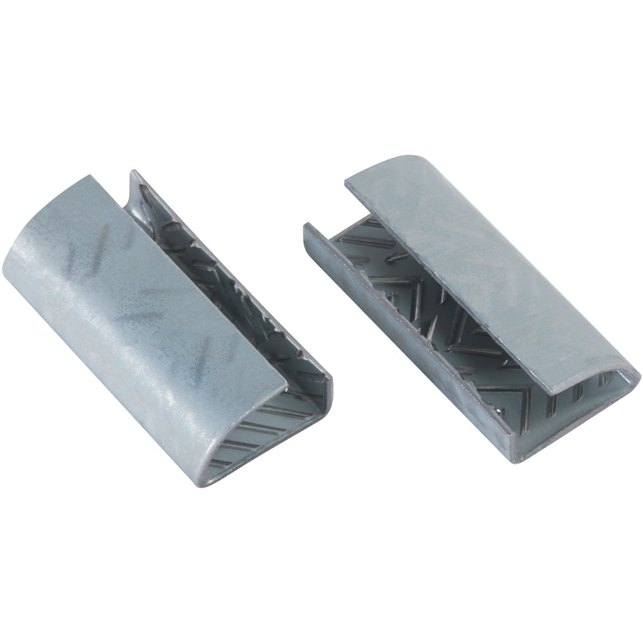 Galvanized steel serrated seals engineered for maximum grip on polyester strapping. The inside treads lock securely, preventing strap slippage during transit and storage. Sold in convenient cases of 1,000 seals–built for high-volume industrial packaging operations.