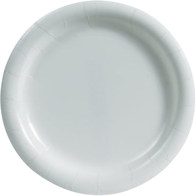 Heavy-duty 9" white paper plates designed for demanding food service environments. This case of 500 microwavable plates handles both hot and cold foods without melting or warping. Perfect for break rooms, cafeterias, and high-volume food service operations seeking reliable, cost-effective disposable dinnerware.