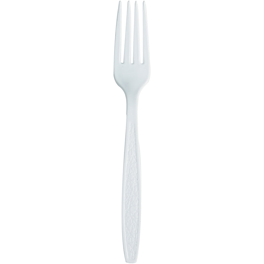 Eliminate washing costs and lost silverware with our standard-weight white plastic forks. Ideal for cafeterias, breakrooms, and restaurant carry-out operations. One case includes 1,000 durable forks built to handle everyday use without breaking the budget.
