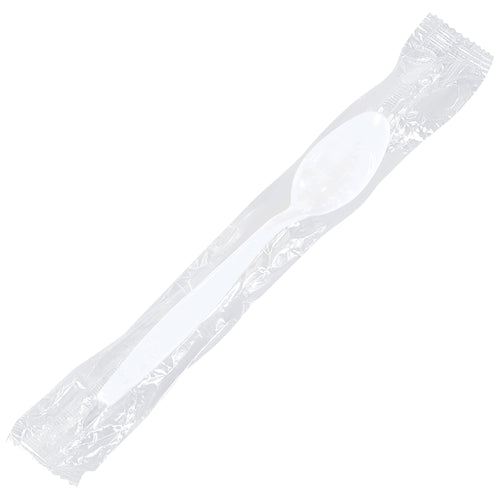 Eliminate silverware costs and washing labor with individually wrapped white plastic spoons designed for high-volume food service operations. Each case contains 1,000 standard-weight spoons, perfect for cafeterias, lunch rooms, and restaurant carry-out orders. Single-serving packaging ensures portion control and hygiene compliance.