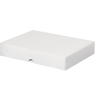 Professional-grade 8.5" x 11" x 2" white fibreboard folding cartons with strong two-piece snap construction. Protect documents and stationery from damage while shipping and storing flat to reduce warehouse space. Sold as a case of 200 boxes.