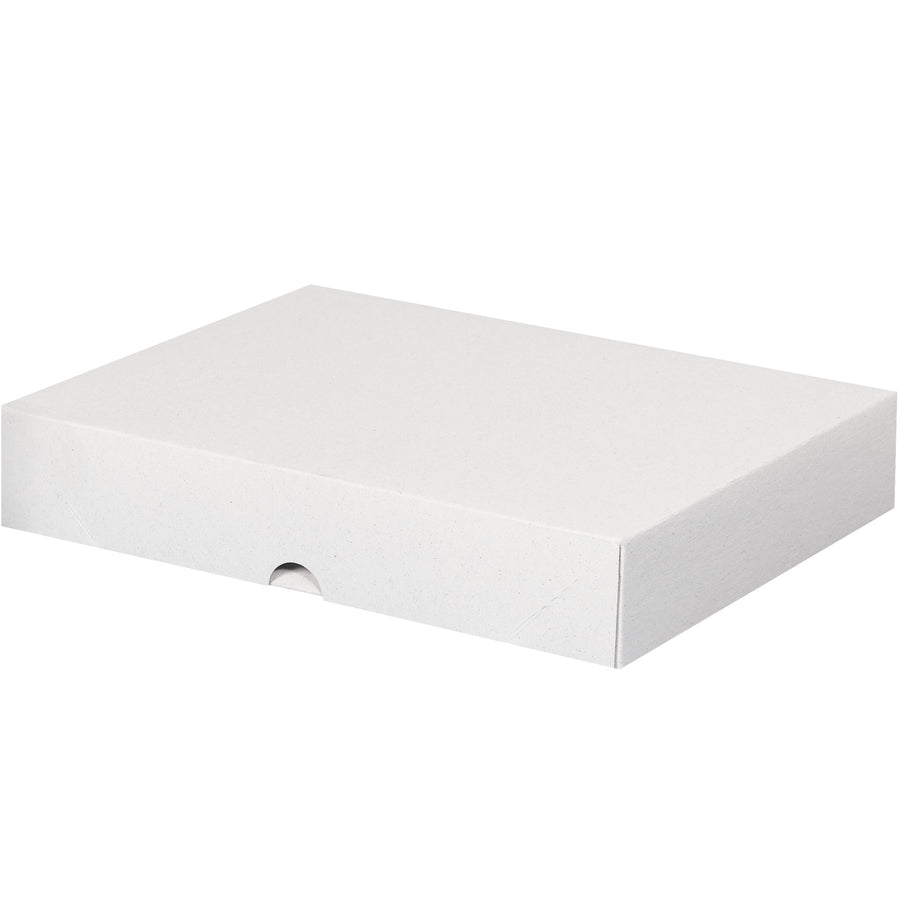 Professional-grade 8.5" x 11" x 2" white fibreboard folding cartons with strong two-piece snap construction. Protect documents and stationery from damage while shipping and storing flat to reduce warehouse space. Sold as a case of 200 boxes.