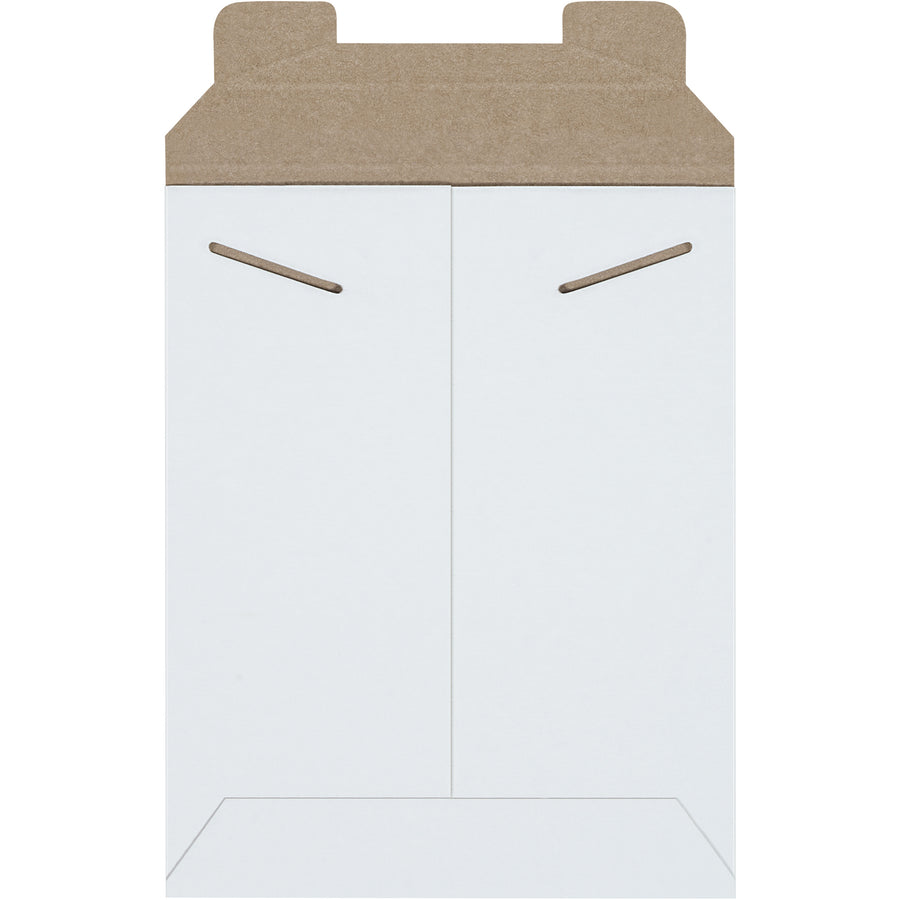 Protect photos, documents, and merchandise with rigid 7x9" white chipboard stayflat mailers featuring secure tab lock closure. Manufactured from .028 chipboard with no stiffeners needed–lightweight design reduces postage costs while maintaining professional presentation. Sold by the case of 100.