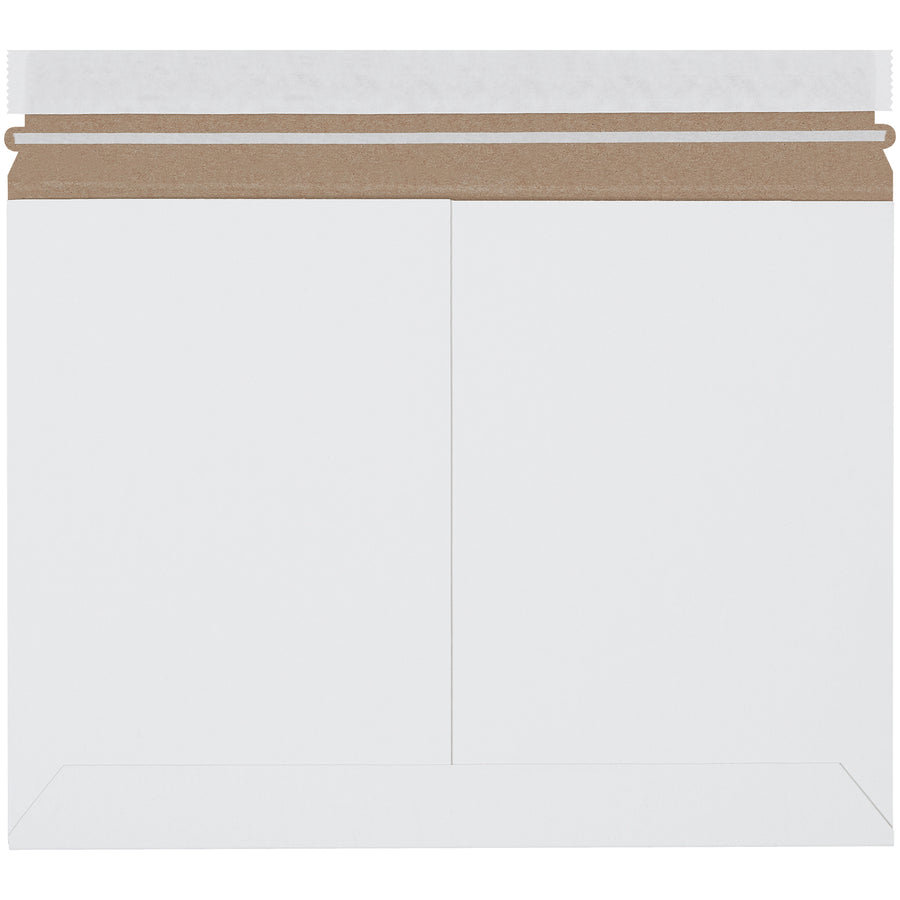 Professional white side loading stayflat mailers engineered for e-commerce brands shipping documents and photos. .028 chipboard construction with peel-and-seal closure and pull-tab tear strip for effortless opening. Lightweight design reduces postage costs without sacrificing protection–100 per case.