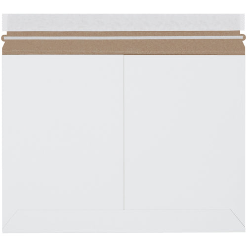 Professional white side loading stayflat mailers engineered for e-commerce brands shipping documents and photos. .028 chipboard construction with peel-and-seal closure and pull-tab tear strip for effortless opening. Lightweight design reduces postage costs without sacrificing protection‚100 per case.