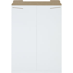 Professional-grade 27x20" white Stayflats mailers featuring rigid .028 chipboard construction and secure tab lock closure. Protect photos, documents, and prints without additional stiffeners. Ships case of 50–lightweight design keeps postage costs down.