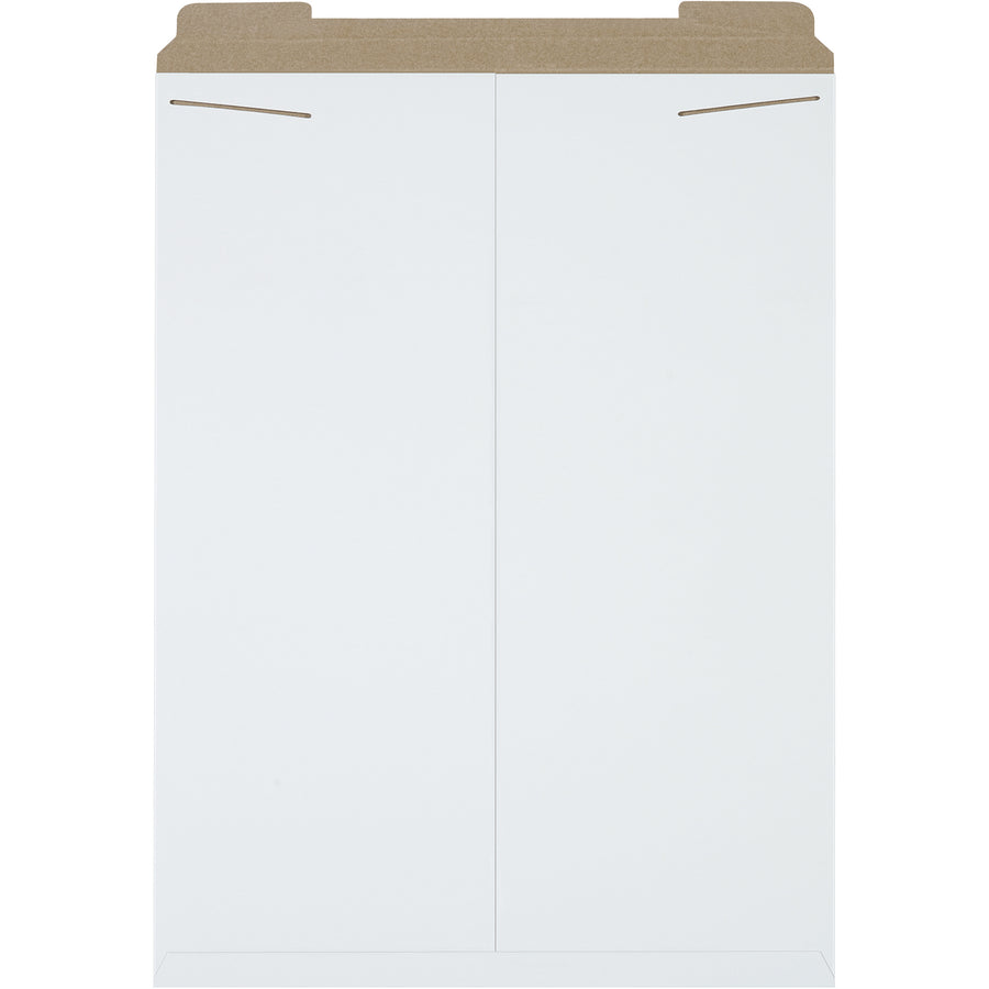 Professional-grade 27x20" white Stayflats mailers featuring rigid .028 chipboard construction and secure tab lock closure. Protect photos, documents, and prints without additional stiffeners. Ships case of 50–lightweight design keeps postage costs down.