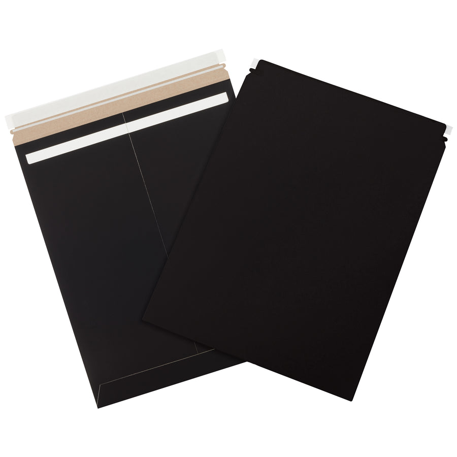 Professional black self-seal stayflat mailers sized 17x21" protect documents and photos during shipment without additional stiffeners. Engineered from .028 chipboard with peel-and-seal closure and easy tear strip. Lightweight design reduces freight costs–sold by the case of 100 units.