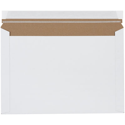 Industry-standard 9.5x12.5" white chipboard express mailers with reliable peel-and-seal closure and pull-tab tear strip. Lightweight .012 chipboard construction requires no additional stiffeners, reducing postage costs while maintaining puncture resistance. Sold by the case of 250 units.