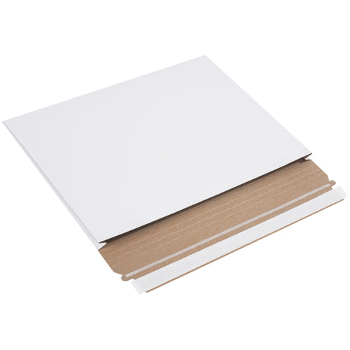 Professional-grade white gusseted mailers designed for e-commerce brands shipping documents, photos, and flat items up to 1 inch thick. Features peel-and-seal closure with easy pull-tab tear strip, manufactured from .020 chipboard with no additional stiffeners needed. Sold 100 per case.