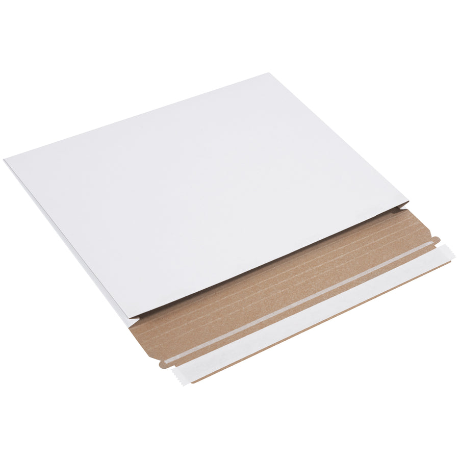 Professional-grade white gusseted mailers designed for e-commerce brands shipping documents, photos, and flat items up to 1 inch thick. Features peel-and-seal closure with easy pull-tab tear strip, manufactured from .020 chipboard with no additional stiffeners needed. Sold 100 per case.
