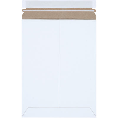 Professional-grade white self-seal flat mailers protect sensitive documents and photos during shipping without additional stiffeners. Features durable .020 chipboard construction, peel-and-seal closure with pull-tab tear strip, and lightweight design that reduces freight costs. Sold as case of 25.