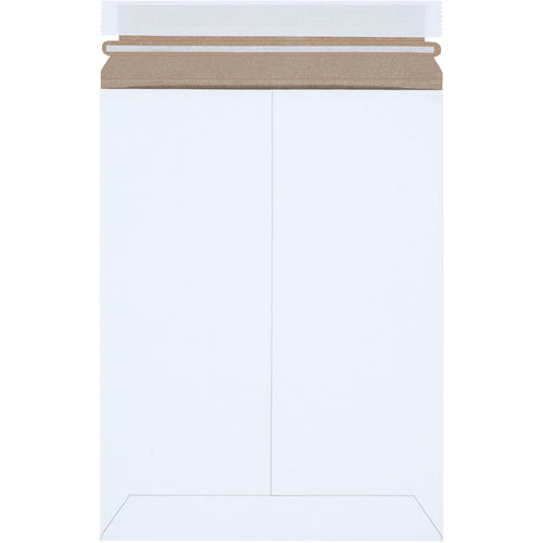 Professional-grade white self-seal flat mailers protect sensitive documents and photos during shipping without additional stiffeners. Features durable .020 chipboard construction, peel-and-seal closure with pull-tab tear strip, and lightweight design that reduces freight costs. Sold as case of 25.
