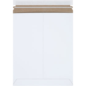 Rigid .020 chipboard self-seal mailers designed for e-commerce brands shipping photos, documents, and flat items. 11x13.5" white mailers feature easy peel-and-seal closure with pull-tab tear strip–no extra stiffeners needed. Case of 25 mailers reduces freight costs while maintaining professional presentation.
