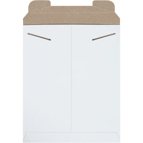 Professional white stayflat mailers featuring rigid .028 chipboard construction and secure tab lock closure. Ideal for e-commerce brands shipping photos, documents, and flat goods without additional protective padding. 11 x 13.5" format, 100 mailers per case.