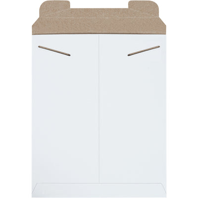 Professional white stayflat mailers featuring rigid .028 chipboard construction and secure tab lock closure. Ideal for e-commerce brands shipping photos, documents, and flat goods without additional protective padding. 11 x 13.5" format, 100 mailers per case.