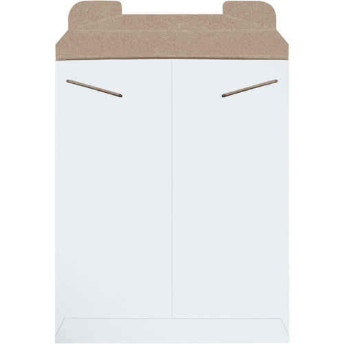 Professional white stayflat mailers featuring rigid .028 chipboard construction and secure tab lock closure. Ideal for e-commerce brands shipping photos, documents, and flat goods without additional protective padding. 11 x 13.5