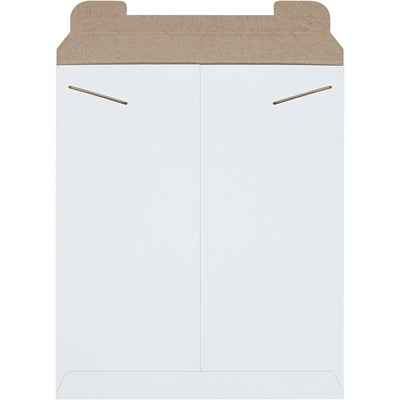 Rigid white chipboard Stayflats mailers with integrated tab lock closure protect documents, photos, and flat items during shipping without additional stiffeners. At 15" x 12", these hard mailers reduce postage costs while maintaining professional presentation. Sold by the case of 100 units.
