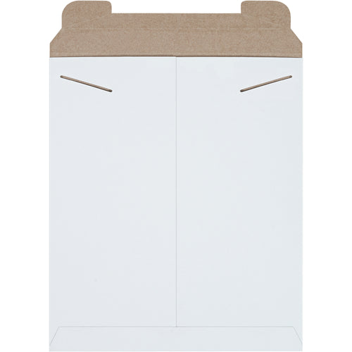 Rigid white chipboard Stayflats mailers with integrated tab lock closure protect documents, photos, and flat items during shipping without additional stiffeners. At 15