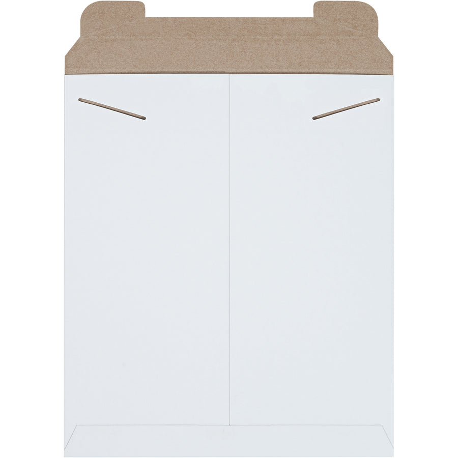 Rigid white chipboard Stayflats mailers with integrated tab lock closure protect documents, photos, and flat items during shipping without additional stiffeners. At 15" x 12", these hard mailers reduce postage costs while maintaining professional presentation. Sold by the case of 100 units.