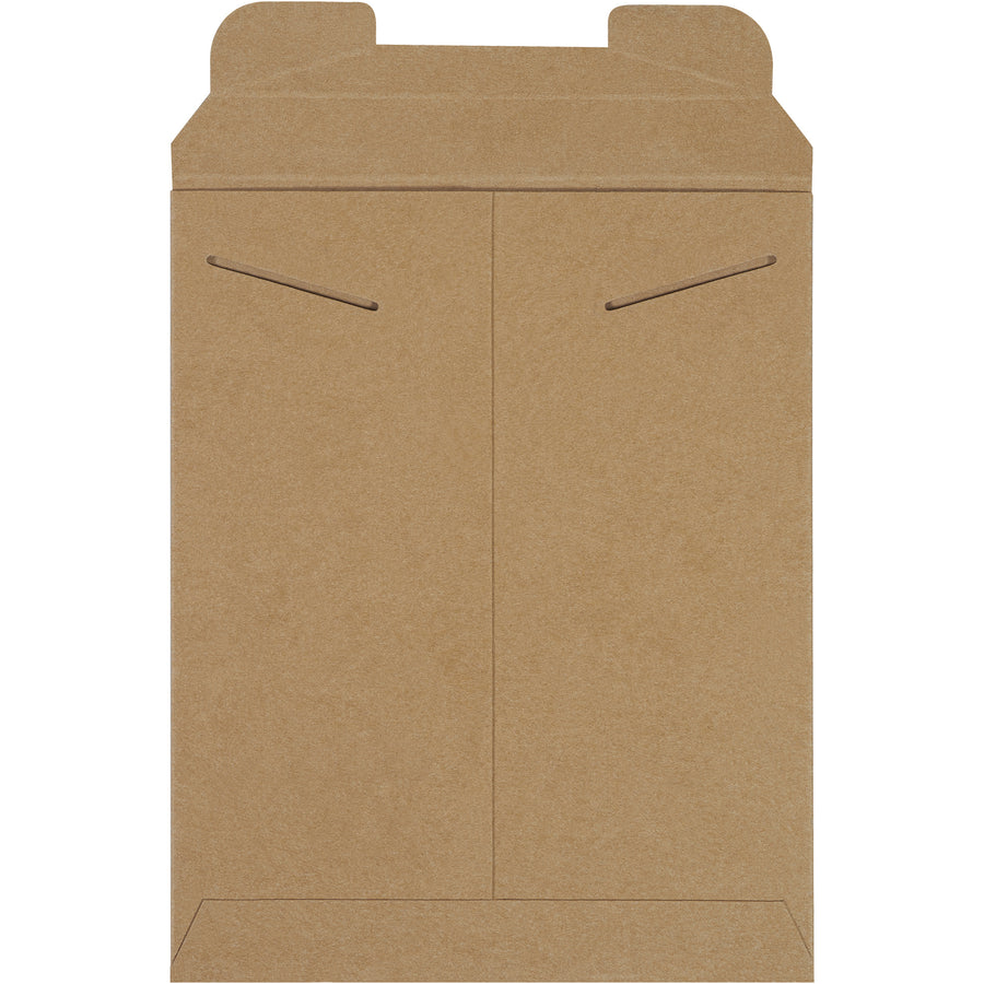 Protect documents, photos, and merchandise with professional-grade 9 3/4 x 12 1/4" kraft stayflat mailers featuring reliable tab lock closure. Manufactured from sturdy .036 chipboard with no additional stiffeners needed, these lightweight hard mailers reduce postage costs while ensuring puncture-resistant delivery. Case of 100 units.