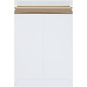 Professional-grade white self-seal stayflat mailers designed for e-commerce brands shipping photos, documents, and flat items. Featuring .020 chipboard construction with convenient peel-and-seal closure and tear strip for easy opening. Case of 100 units measuring 9.75" x 12.25".
