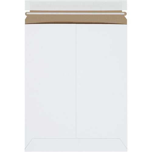 Professional-grade white self-seal stayflat mailers designed for e-commerce brands shipping photos, documents, and flat items. Featuring .020 chipboard construction with convenient peel-and-seal closure and tear strip for easy opening. Case of 100 units measuring 9.75