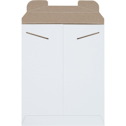 Rigid .028 white chipboard tab lock mailers designed for e-commerce brands shipping photos, documents, and flat merchandise. 9.75