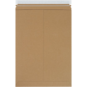 Professional-grade 13 x 18" kraft self-seal Stayflats Plus® mailers protect documents and photos without additional stiffeners. Made from .028 chipboard with peel-and-seal closure and easy pull-tab tear strip. Ships by the case of 100 to reduce postage costs.
