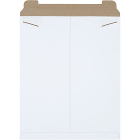 Professional 17x21" white Stayflats mailers with rigid .028 chipboard construction and secure tab lock closure. Protect photos, documents, and flat items without additional stiffeners. Lightweight design reduces postage costs. Sold by the case of 100.