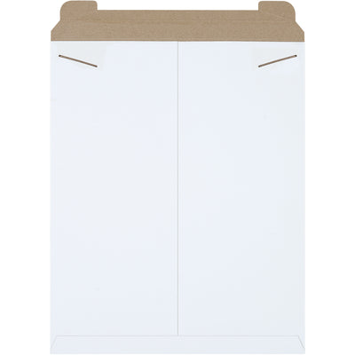 Professional 17x21" white Stayflats mailers with rigid .028 chipboard construction and secure tab lock closure. Protect photos, documents, and flat items without additional stiffeners. Lightweight design reduces postage costs. Sold by the case of 100.