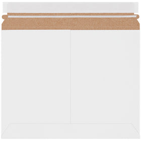 Professional 9x11.5" white stayflat mailers with pressure-sensitive self-sealing closure and tear strip. Made from 100% recycled chipboard and 100% recyclable. Lightweight design reduces shipping costs while protecting documents, photographs, and promotional items in cases of 200.