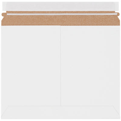 Professional 9x11.5" white stayflat mailers with pressure-sensitive self-sealing closure and tear strip. Made from 100% recycled chipboard and 100% recyclable. Lightweight design reduces shipping costs while protecting documents, photographs, and promotional items in cases of 200.
