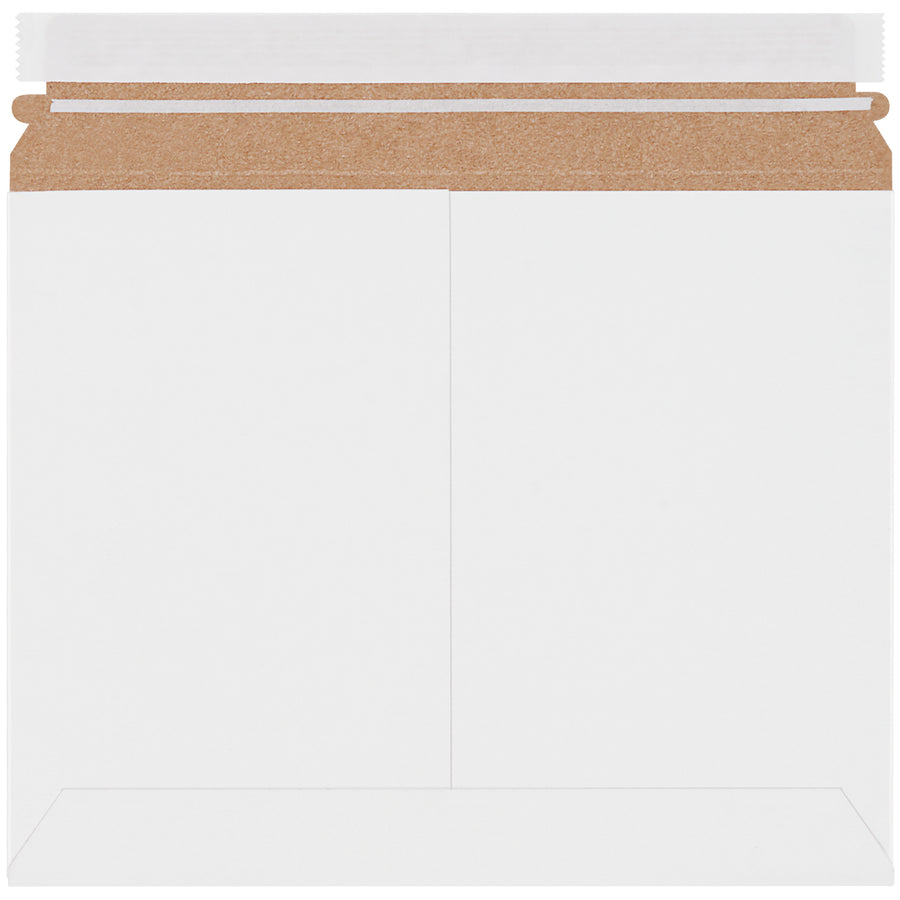 Professional 9x11.5" white stayflat mailers with pressure-sensitive self-sealing closure and tear strip. Made from 100% recycled chipboard and 100% recyclable. Lightweight design reduces shipping costs while protecting documents, photographs, and promotional items in cases of 200.