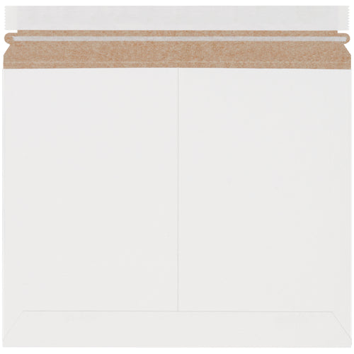 Professional white self-seal stayflat mailers with pressure-sensitive closure and tear strip. Lightweight .018 chipboard construction holds 9.75