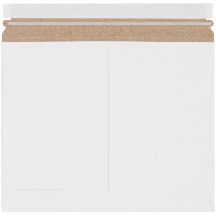 Professional white self-seal stayflat mailers with pressure-sensitive closure and tear strip. Lightweight .018 chipboard construction holds 9.75" x 12.25" mailings flat and secure. Side-loading design with easy-open tear strip. 200 mailers per case–the economical choice for e-commerce brands shipping soft goods, photos, and documents.
