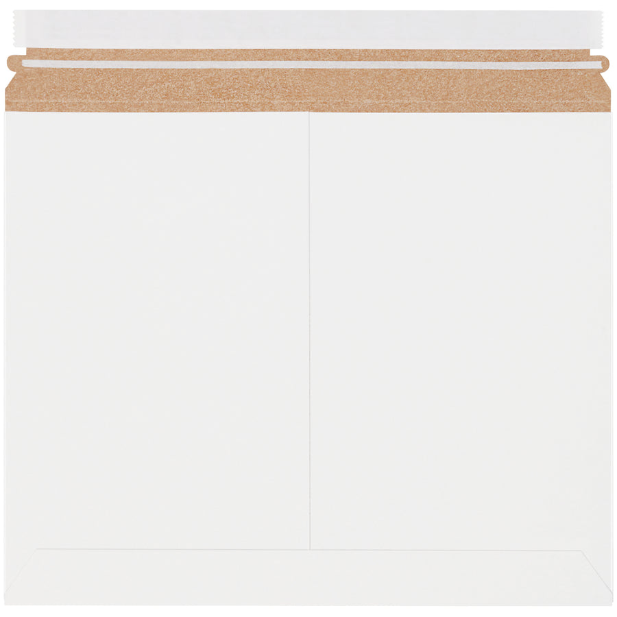 Premium 11" x 13.5" white Stayflats Lite mailers with pressure-sensitive self-seal closure and tear strip for effortless opening. Constructed from .018 chipboard for reliable protection of documents, photos, and promotional items. Cost-effective case of 200 units reduces shipping weight and environmental impact.