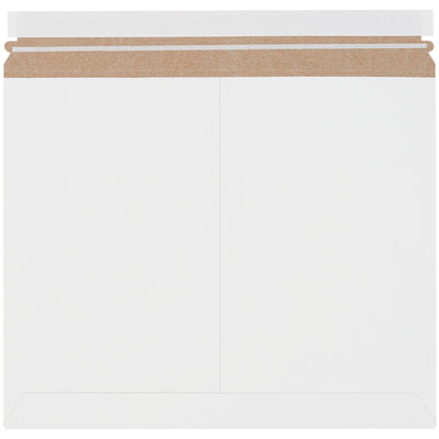 Professional white self-seal stayflat mailers featuring .018 chipboard construction with pressure-sensitive closure and convenient tear strip. These lightweight, eco-friendly flat mailers from Packrift are ideal for e-commerce brands shipping documents, photographs, and promotional items. Case of 200 units.