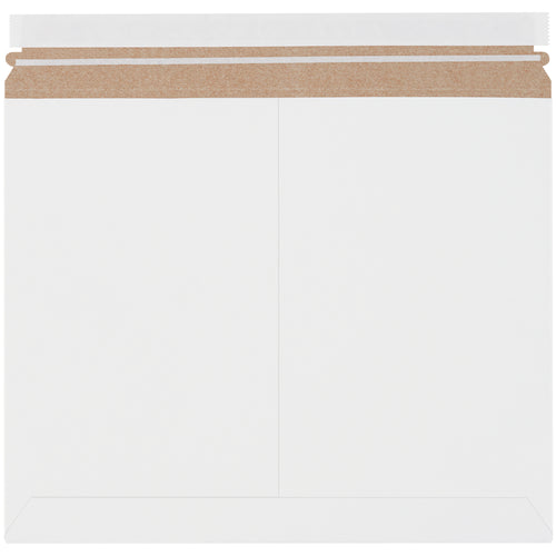 Professional white self-seal stayflat mailers featuring .018 chipboard construction with pressure-sensitive closure and convenient tear strip. These lightweight, eco-friendly flat mailers from Packrift are ideal for e-commerce brands shipping documents, photographs, and promotional items. Case of 200 units.