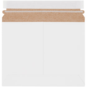 Professional 7x9 white self-sealing chipboard mailers designed for e-commerce brands shipping documents, photographs, and promotional items. Featuring pressure-sensitive closure with tear strip for effortless opening, these lightweight mailers reduce shipping costs while maintaining product protection. 100% recycled and recyclable–200 mailers per case.