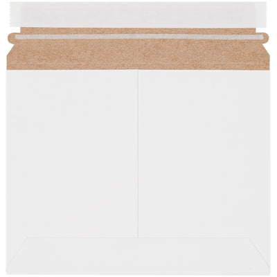 Professional 7x9 white self-sealing chipboard mailers designed for e-commerce brands shipping documents, photographs, and promotional items. Featuring pressure-sensitive closure with tear strip for effortless opening, these lightweight mailers reduce shipping costs while maintaining product protection. 100% recycled and recyclable‚200 mailers per case.