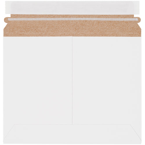 Professional 7x9 white self-sealing chipboard mailers designed for e-commerce brands shipping documents, photographs, and promotional items. Featuring pressure-sensitive closure with tear strip for effortless opening, these lightweight mailers reduce shipping costs while maintaining product protection. 100% recycled and recyclable‚200 mailers per case.